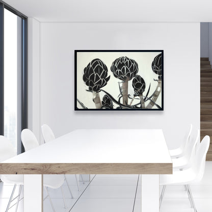 Toile Artichauts - Décoration florale et botanique de cuisine avec cadre noir