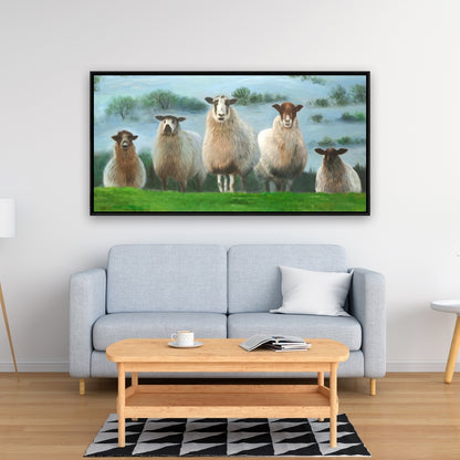 Rustic White Framed Canvas - Flock of Sheep Home Decor