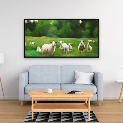 Fields of Sheep Framed Canvas - Farm Animals Home Decor Art