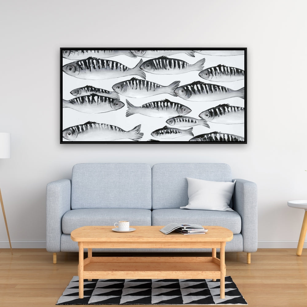 Gray Shoal of Fish Framed Canvas | Contemporary Home Decor