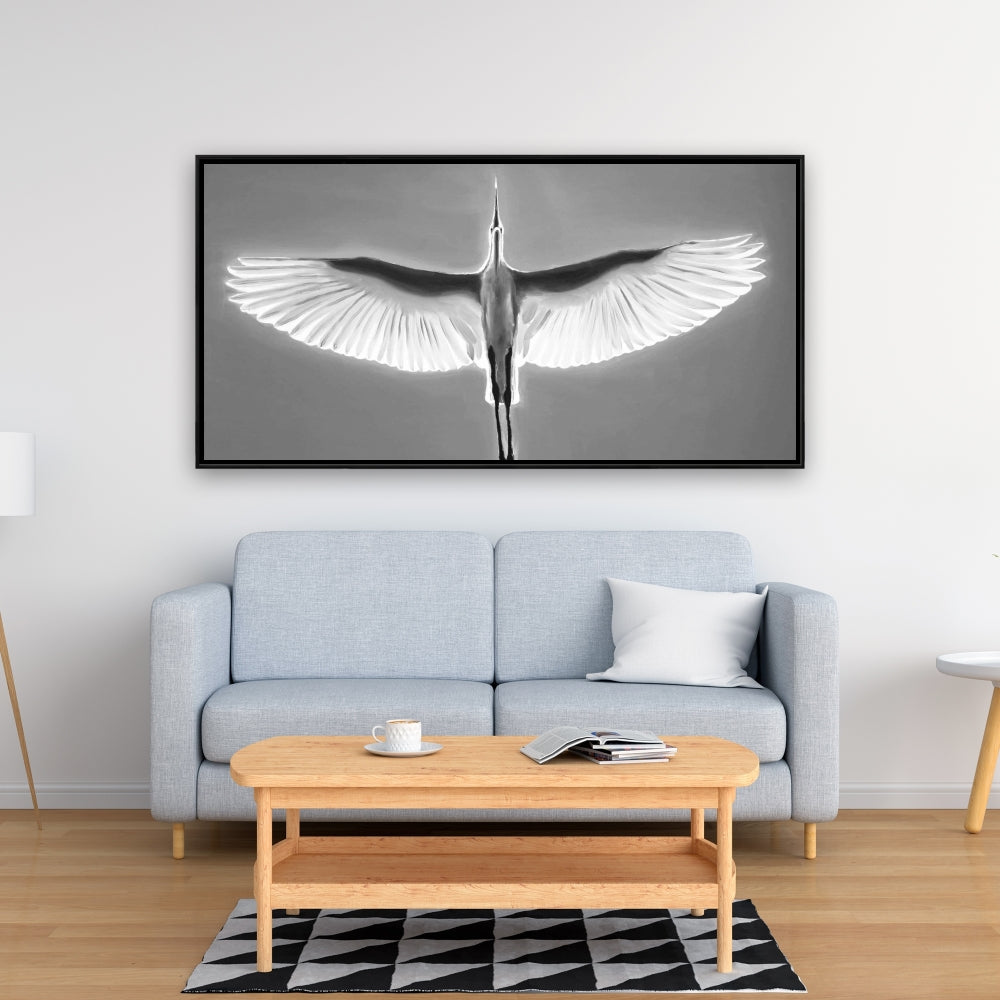 Grand héron bleu en vol – Décoration d'intérieur sur toile avec oiseau blanc