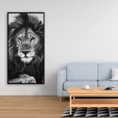 Toile encadrée Le Roi Lion - Cadre blanc - Décoration d'intérieur féline