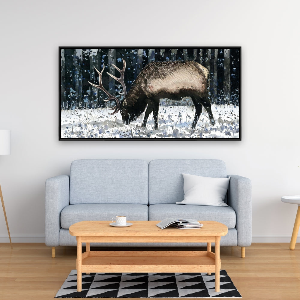 Rustic Blue Bedroom Canvas | Caribou in Winter Forest Decor