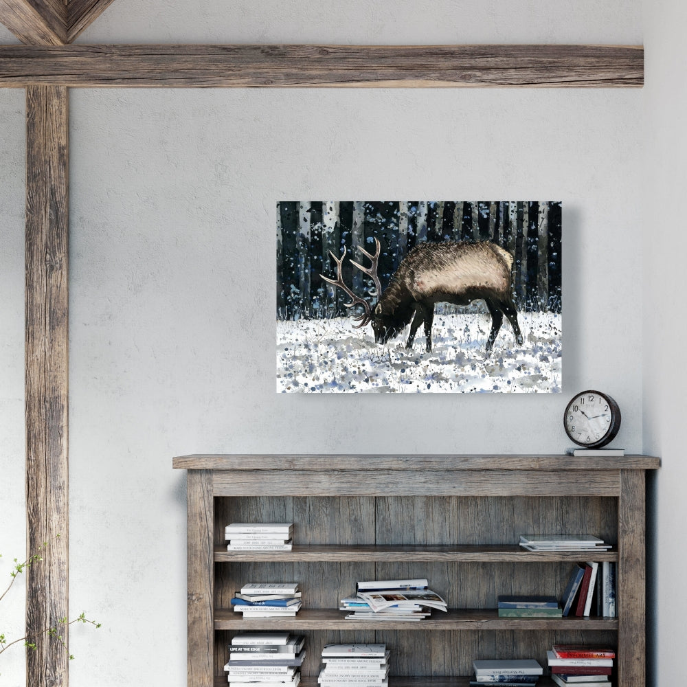 Caribou in Winter Forest Canvas - Blue Trees Bedroom Decor