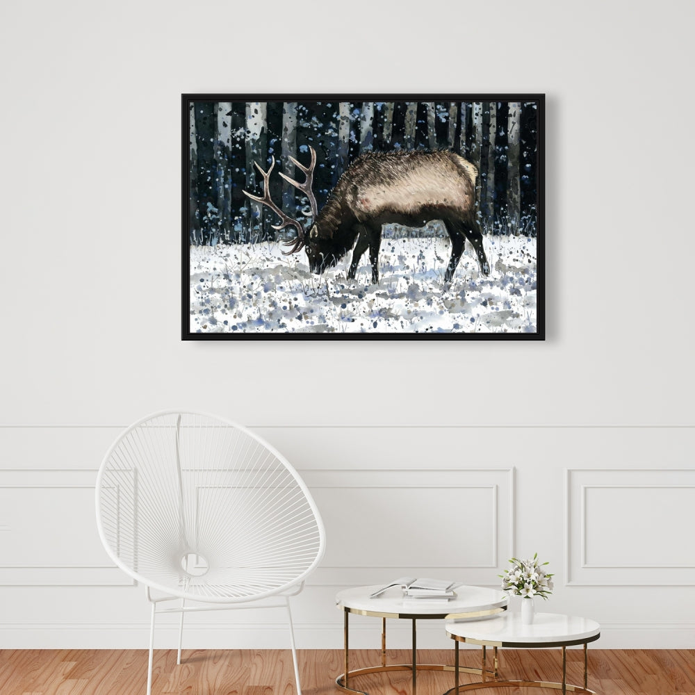 Rustic Blue Bedroom Canvas | Caribou in Winter Forest Decor