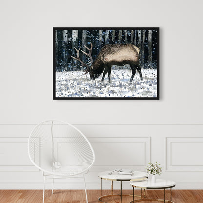 Rustic Blue Bedroom Canvas | Caribou in Winter Forest Decor
