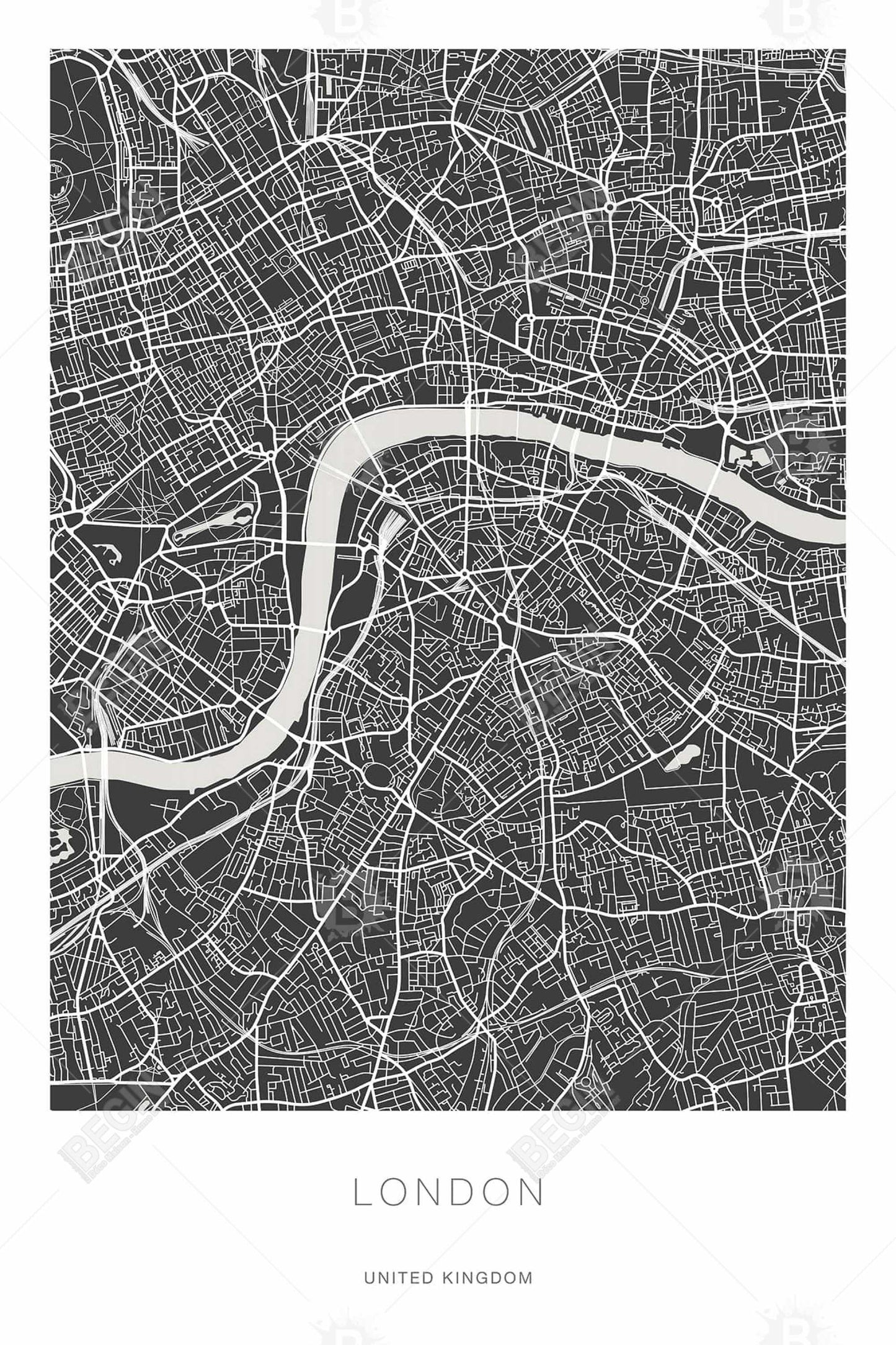 Carte graphique de Londres sur toile | Décoration de salon monochrome