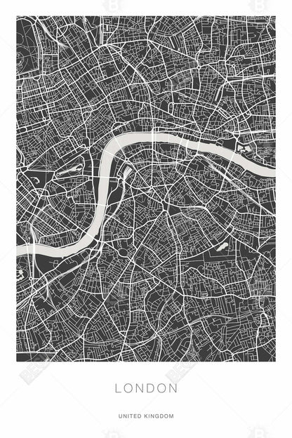 Carte graphique de Londres sur toile encadrée | Décoration d'intérieur monochrome