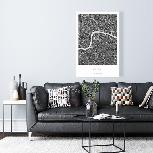 Carte graphique de Londres sur toile | Décoration de salon monochrome