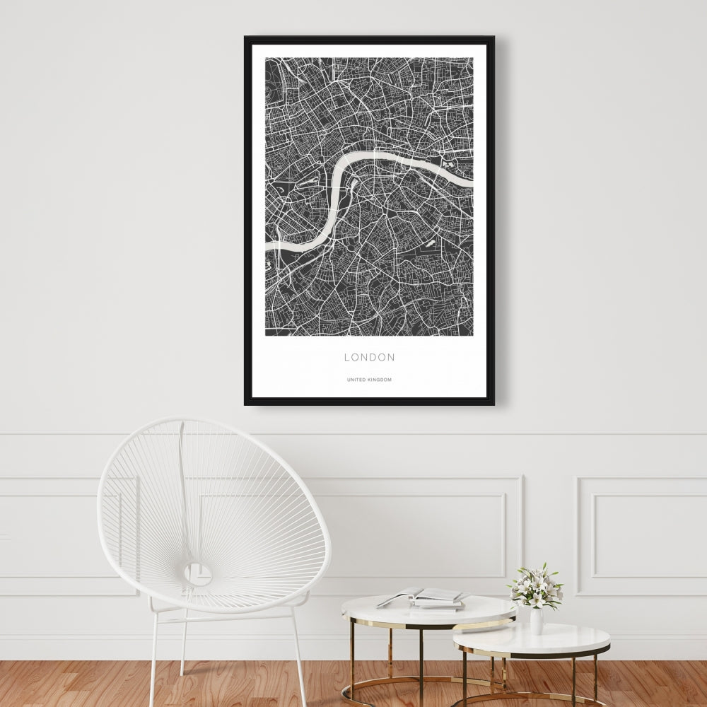 Carte graphique de Londres sur toile encadrée | Décoration d'intérieur monochrome