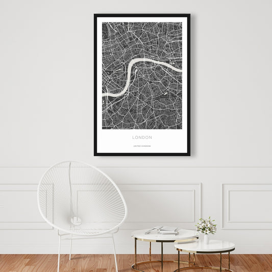 Carte graphique de Londres sur toile encadrée | Décoration d'intérieur monochrome