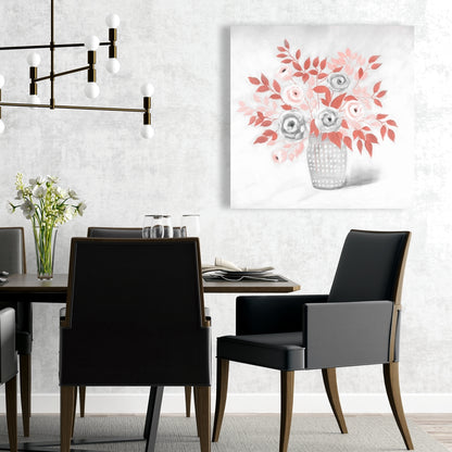 Coral Flower Illustration | Leaves Gray Bedroom Canvas Decor