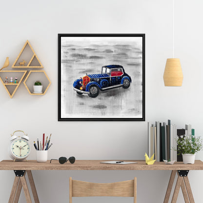 Toile vintage bleue représentant une petite voiture | Décoration de chambre