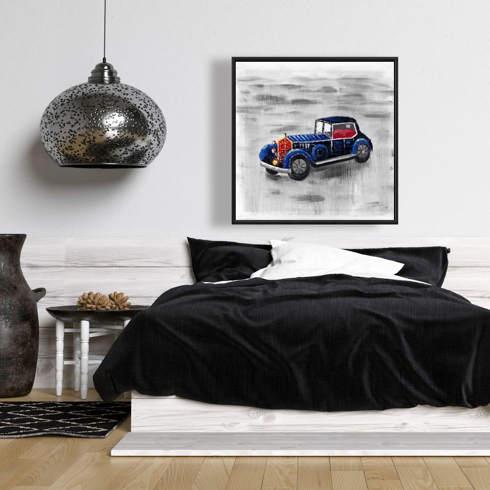 Toile vintage bleue représentant une petite voiture | Décoration de chambre