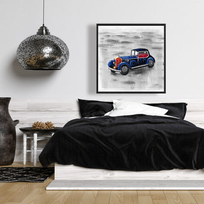 Toile vintage bleue représentant une petite voiture | Décoration de chambre