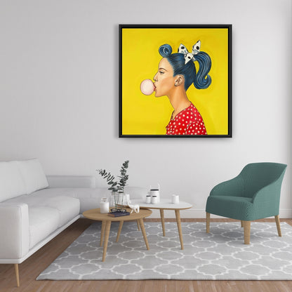 Retro Woman Ponytail Canvas - Blue Figurative Framed Art