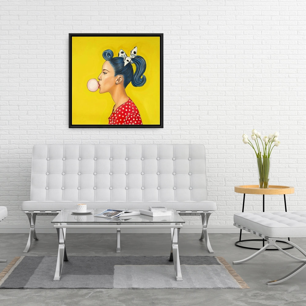 Retro Woman Ponytail Canvas - Blue Figurative Framed Art