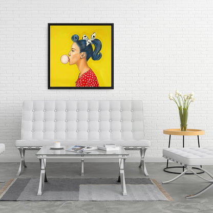 Retro Woman Ponytail Canvas - Blue Figurative Framed Art