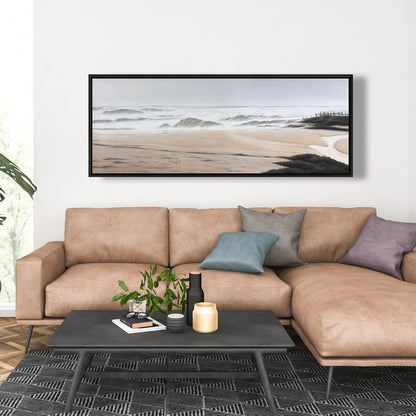 Toile encadrée beige « Nuageux à la plage » | Décoration de salle de bain sur la mer