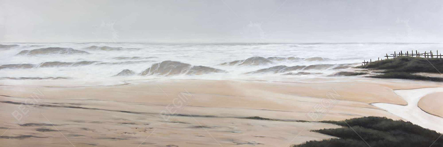 Toile encadrée beige « Nuageux à la plage » | Décoration de salle de bain sur la mer