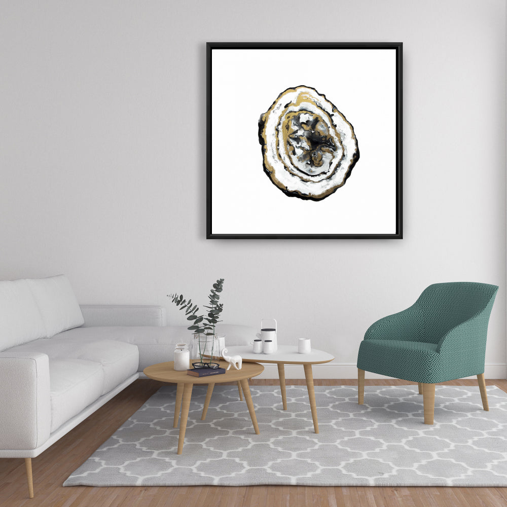 Toile abstraite Géode dorée – Cadre noir minimaliste