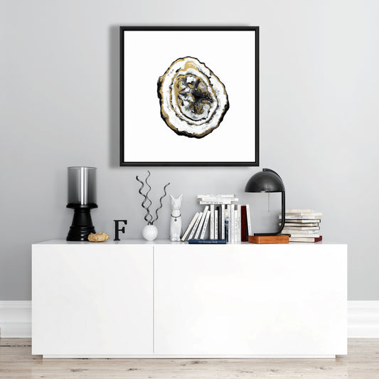 Toile abstraite Géode dorée – Cadre noir minimaliste