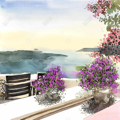 Illustrative Blue Coastal Canvas - Mediterranean Sea View Decor