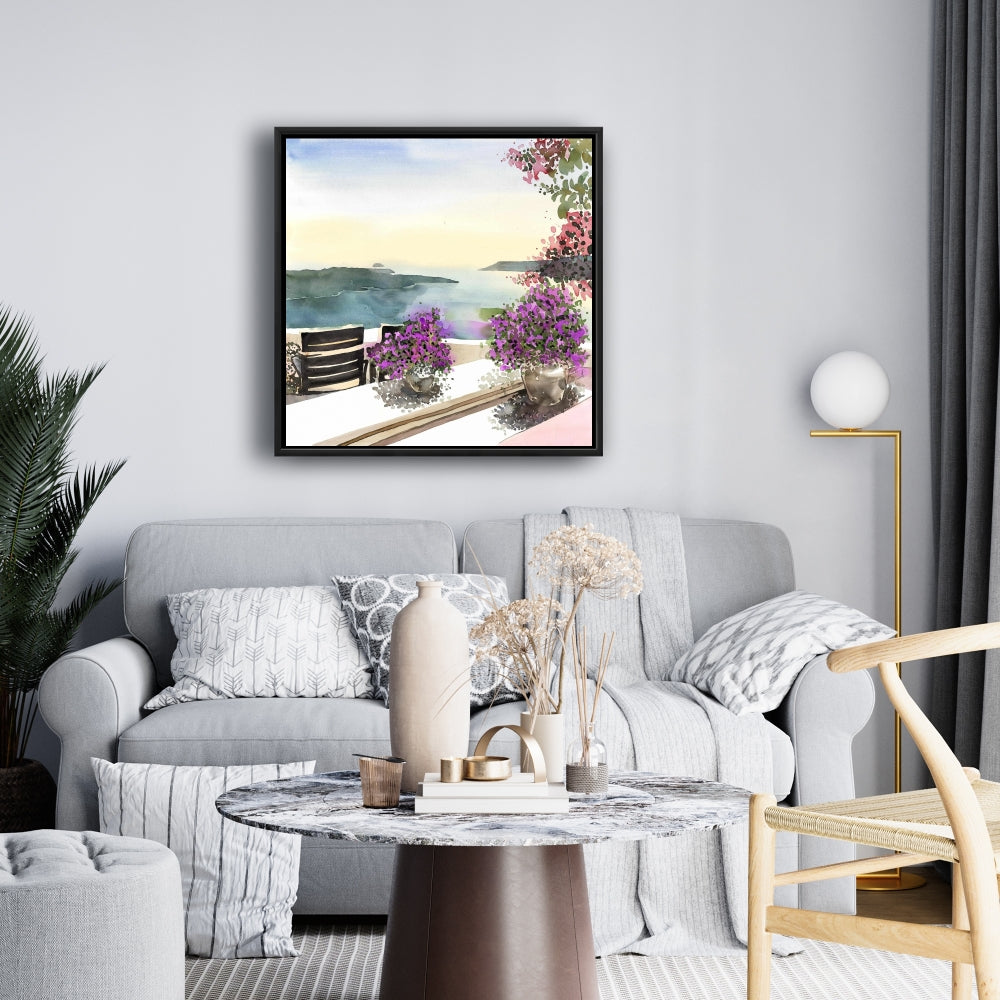 Botanical Blue Mediterranean Sea View Framed Canvas Decor