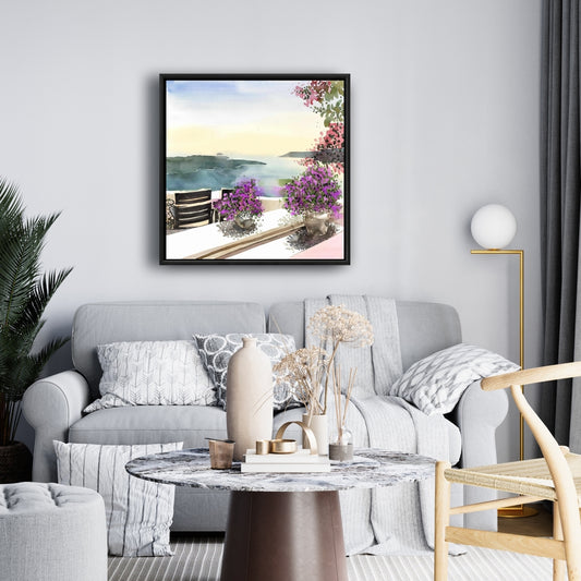 Botanical Blue Mediterranean Sea View Framed Canvas Decor