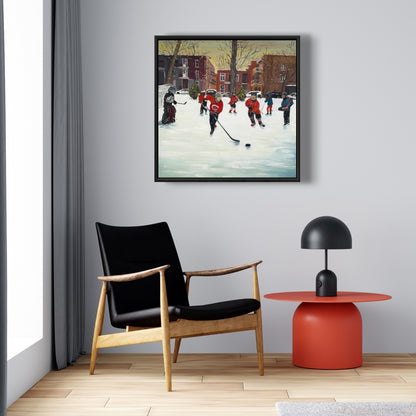 Toile encadrée marron représentant de jeunes joueurs de hockey