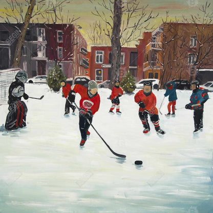 Toile encadrée marron représentant de jeunes joueurs de hockey