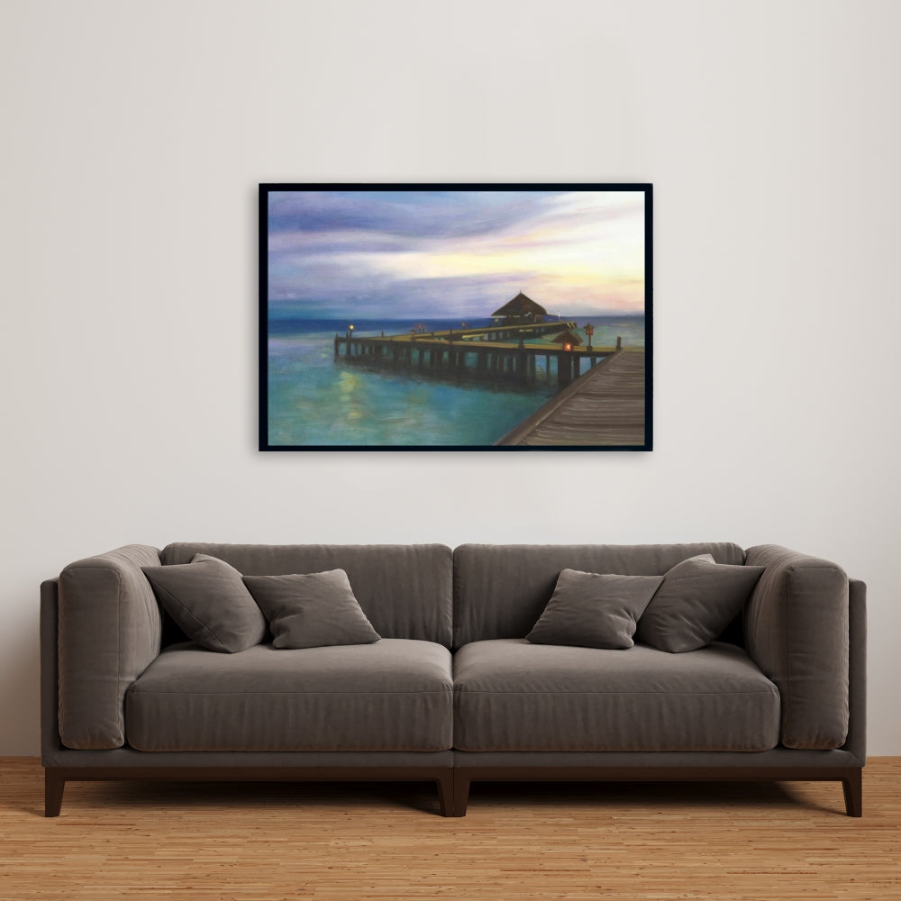 Boardwalk Sunset Canvas | Coastal Bedroom Blue Framed Decor