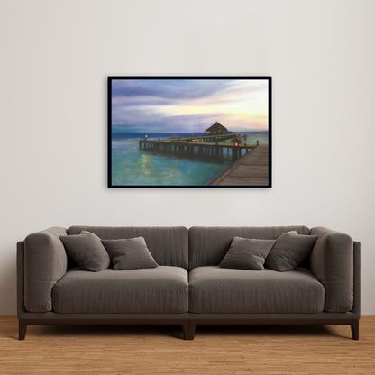 Boardwalk Sunset Canvas | Coastal Bedroom Blue Framed Decor