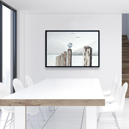 Mouette à la marina | Toile encadrée bleu marine