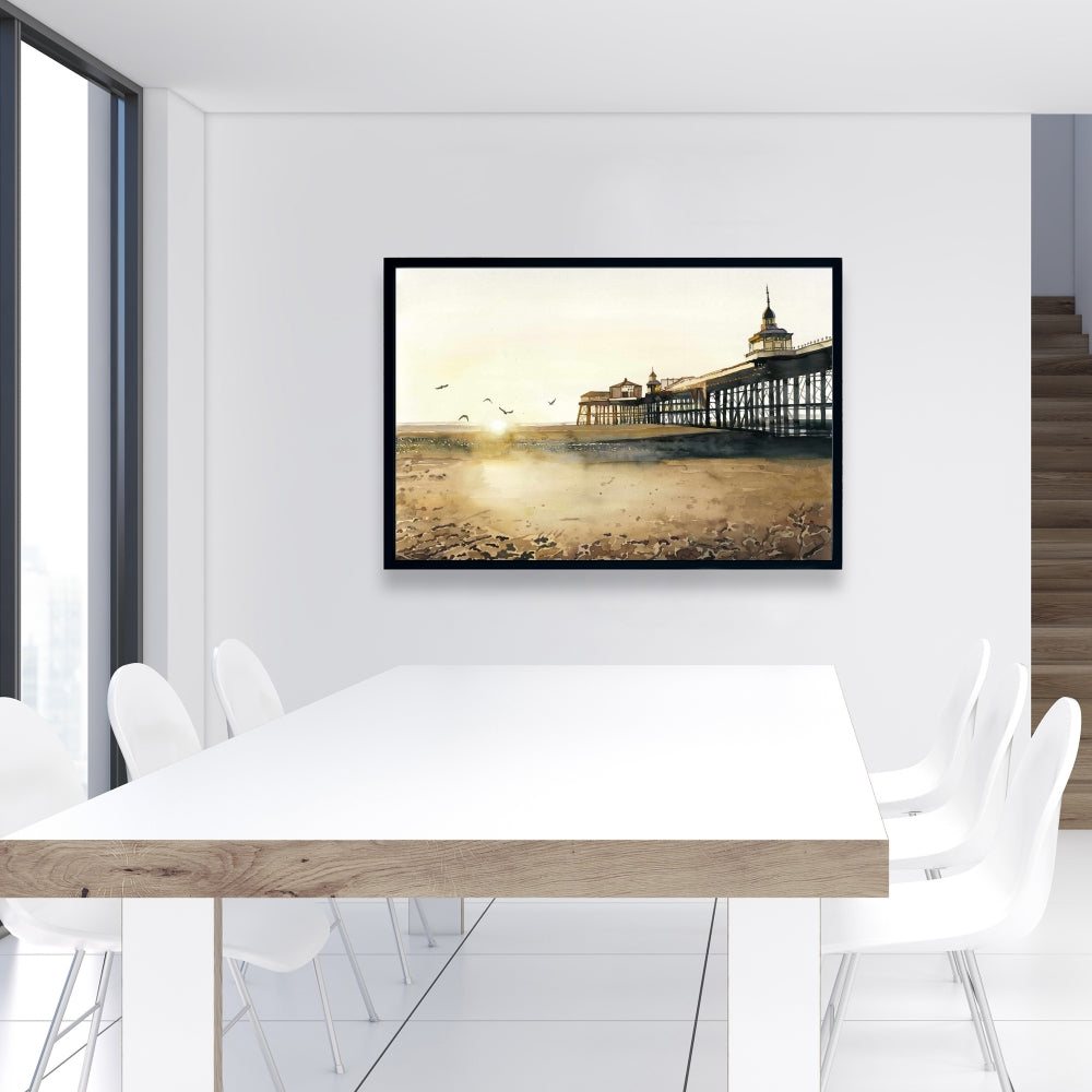 Toile « Coucher de soleil à la plage » | Cadre beige | Décoration d'intérieur