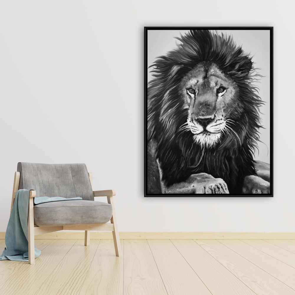 Toile encadrée Le Roi Lion - Cadre blanc - Décoration d'intérieur féline