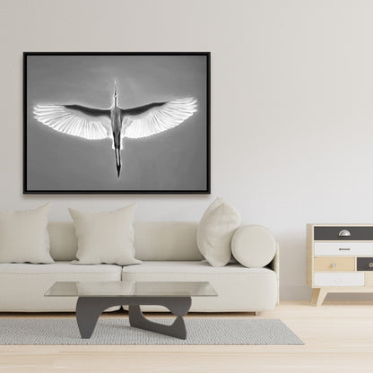 Grand héron bleu en vol – Décoration d'intérieur sur toile avec oiseau blanc