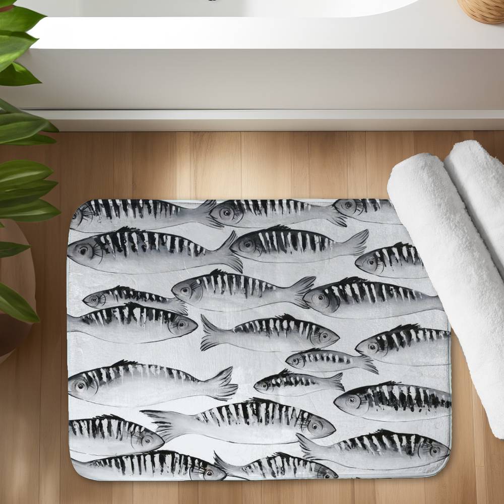 Gray Shoal of Fish Bath Mat - Aquatic Animal Home Decor