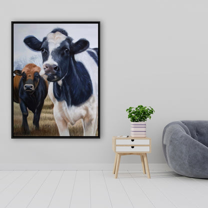 Rustic Farmhouse Canvas - Two Cows Eating Grass Wall Art
