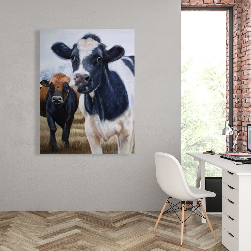 White Rustic Canvas | Two Cows Eating Grass | Home Decor