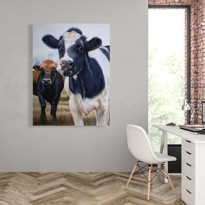 White Rustic Canvas | Two Cows Eating Grass | Home Decor