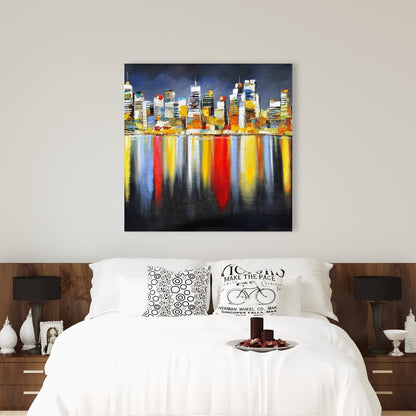 Colorful Night Cityscape Canvas | Contemporary Bedroom Decor