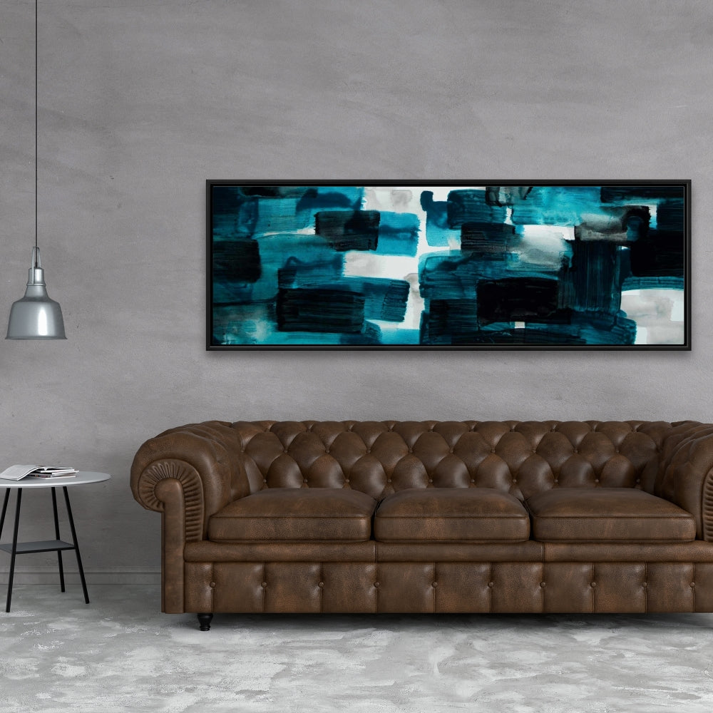 Pattern Blue Framed Canvas | Turquoise and Gray Squares Decor