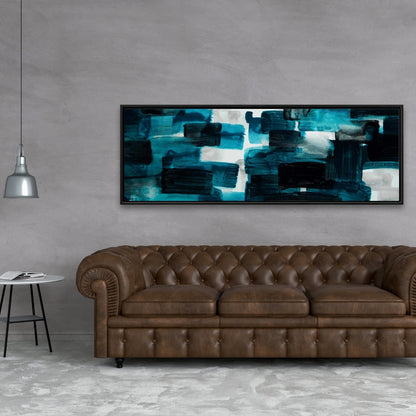 Pattern Blue Framed Canvas | Turquoise and Gray Squares Decor