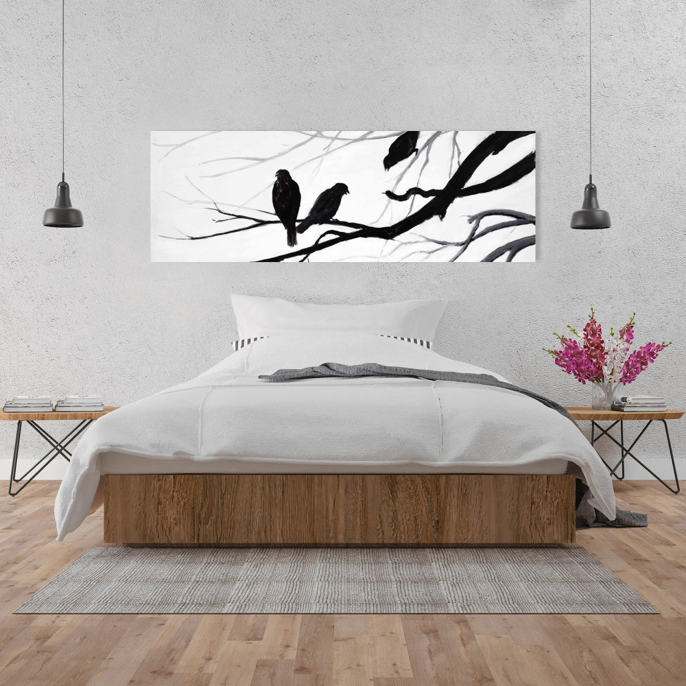 Silhouette of Birds White Canvas - Bedroom Trees Wall Art