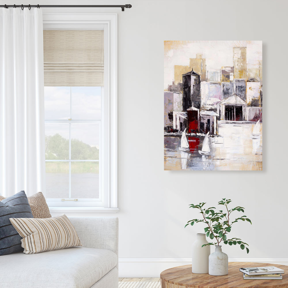 Three Sailboats Near the City Canvas - Home Decor Wall Art