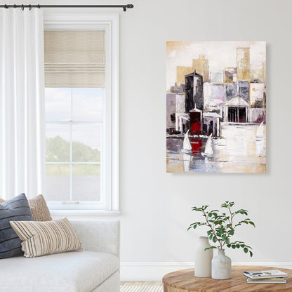 Three Sailboats Near the City Canvas - Home Decor Wall Art