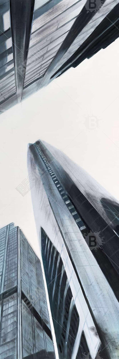 Perspective View of Skyscraper - Blue Cities Framed Canvas