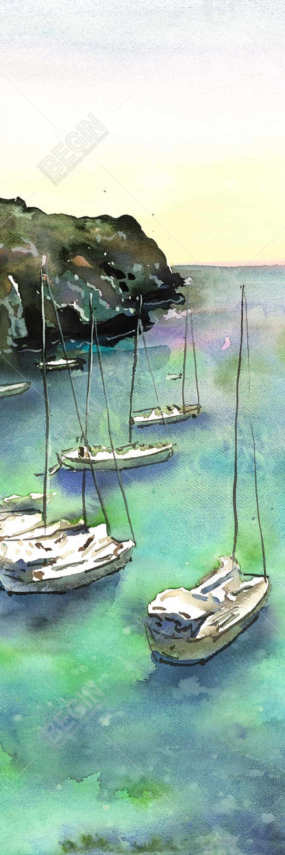 Toile verte côtière - Décor de bateaux à Cala Macarella