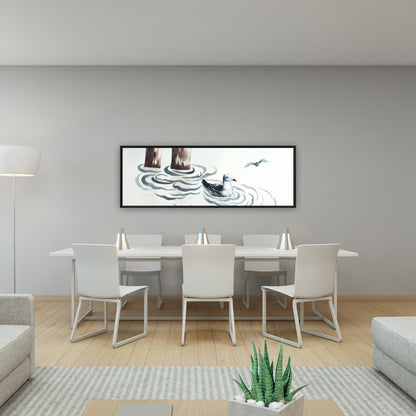 Toile encadrée bleu marine mouette | Décoration de salle de bain